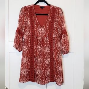As U Wish Dress Cinnamon Rust Color Print Mini Boho Babydoll Lined Size …